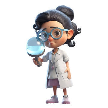 3D illustration of a cute cartoon scientist with a magnifying glass