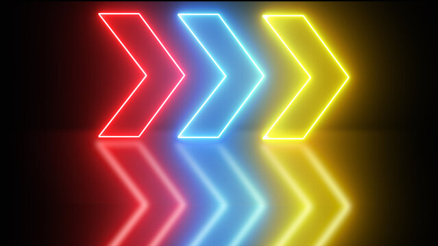 Glowing neon arrows with shadows. Glowing neon arrow pointers on black background. Retro signboard with bright neon direction arrow in red, yellow, and blue colors. Vector