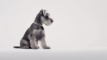 Miniature Schnauzer Dog sitting on its own with a white plain background