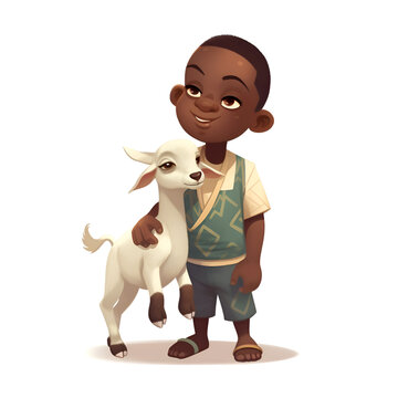 African american boy with a white dog on a white background.