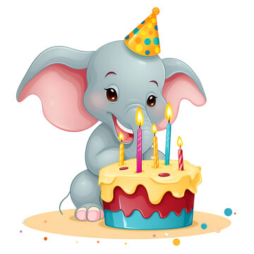 Cute elephant cartoon with birthday cake and candles on white background illustration