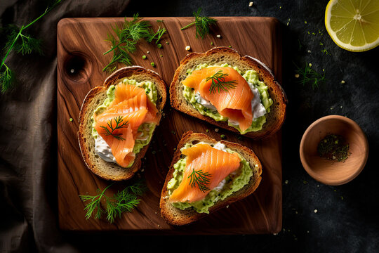 Smoked salmon and avocado sandwiches. Flat lay, top view composition. Gnerative Ai image