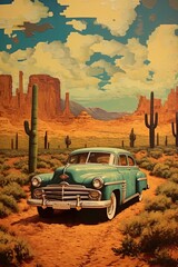 depicts the car driving through a desert landscape, with cacti and sand dunes visible in the background. The driver is wearing a cowboy hat and boots, with a sense of rugged individualism and adventur