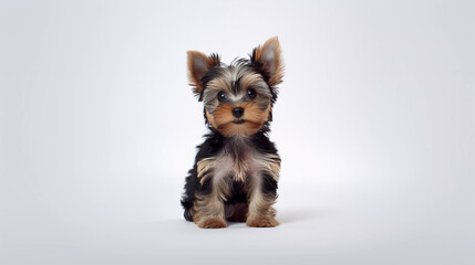 Yorkshire terrier Dog sitting on its own with a white plain background - obrazy, fototapety, plakaty