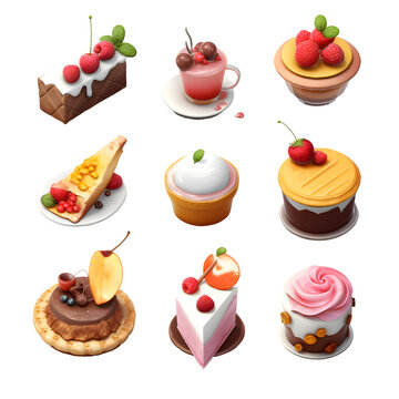 Set of different cakes with fruit and berries on a gray background.