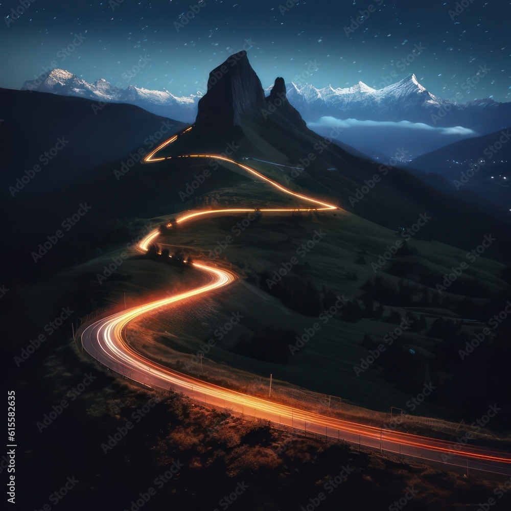 Poster light trails around a mountain road created with generative ai