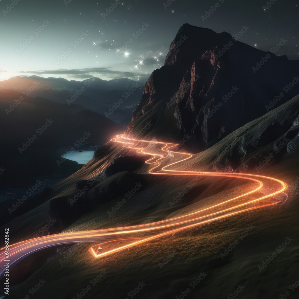Poster light trails around a mountain road created with generative ai