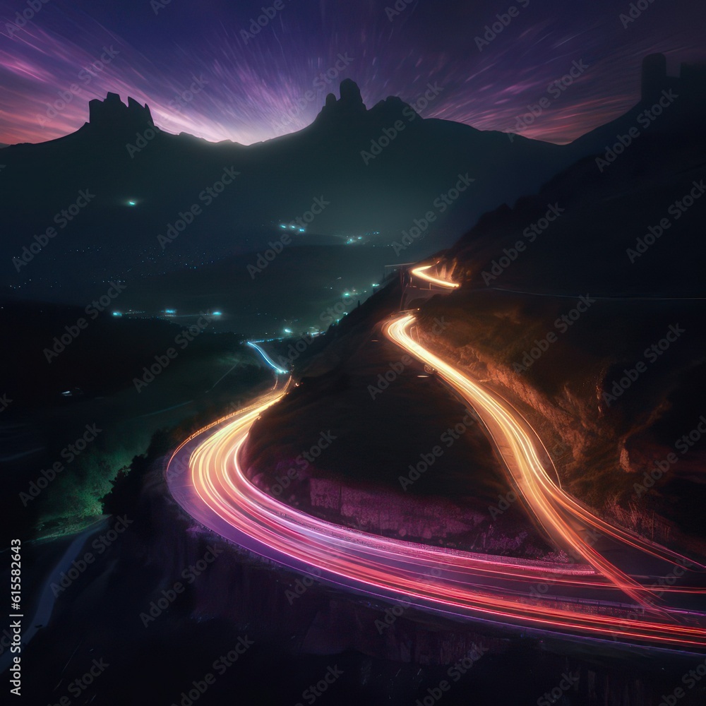 Poster Light trails around a mountain road created with Generative AI