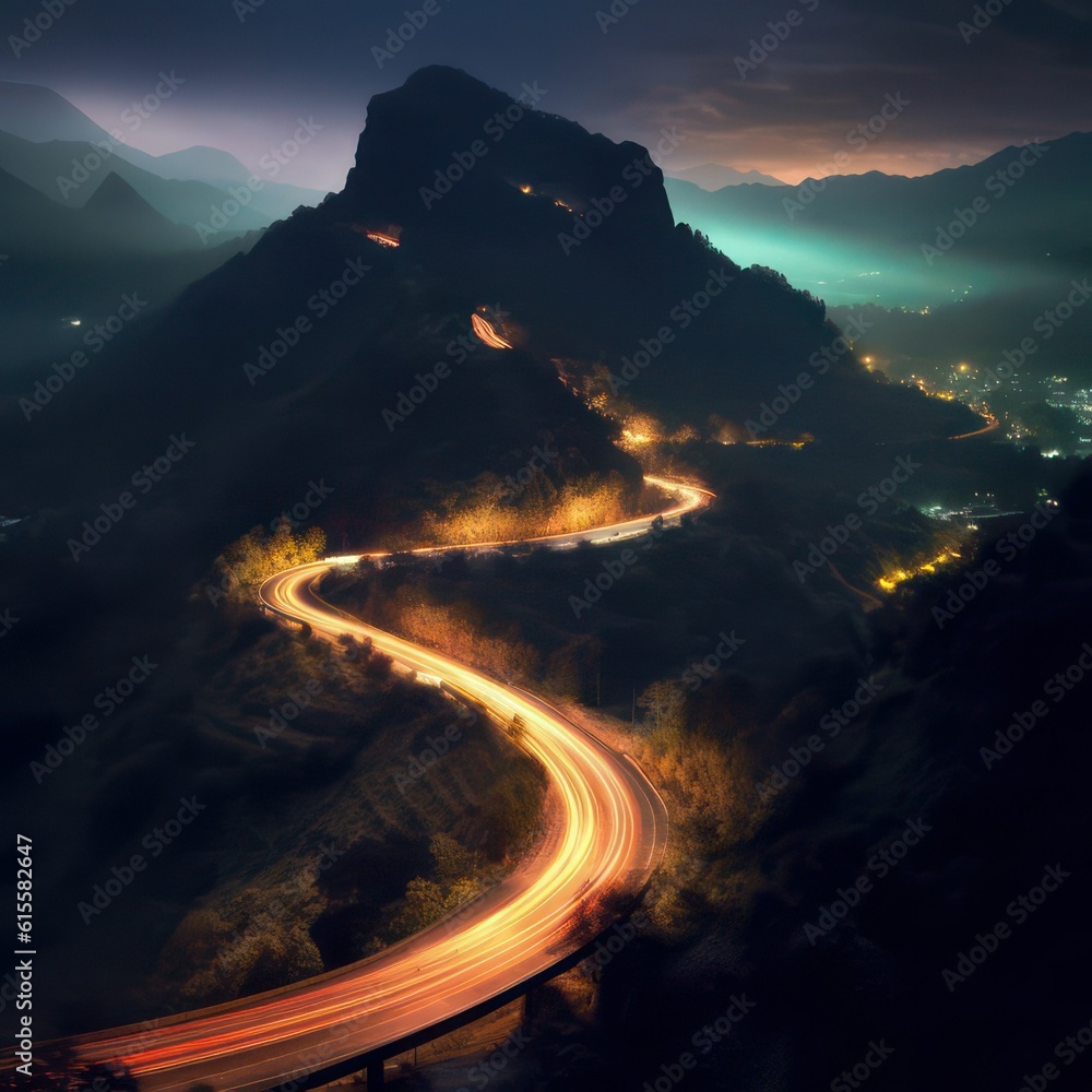 Poster light trails around a mountain road created with generative ai