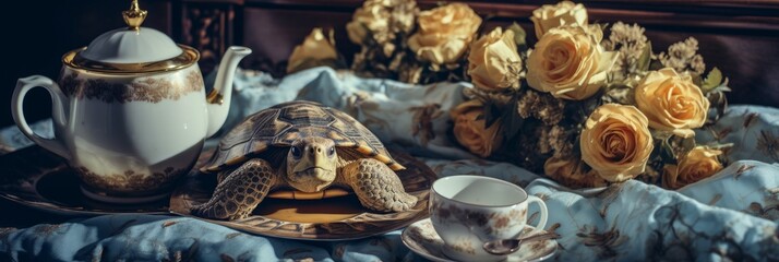 A cute turtle is enjoying a cup of coffee and flowers. Generative AI