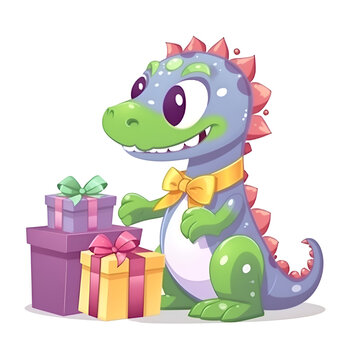 Cute cartoon dinosaur with gifts. Vector illustration isolated on white background.