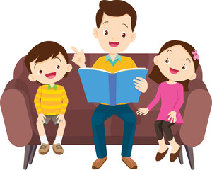 cute family sitting on sofa reading book together