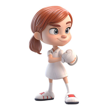 3D render of a cute little girl with boxing gloves. Isolated white background.