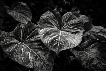Closeup nature view of leaf and palms background. Flat lay, dark nature concept, tropical leaf, black and white picture. Generated using AI tools