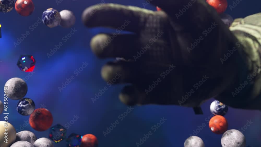 Poster cluster of planets and diamonds are attracted to each other on abstract background. the astronaut's 