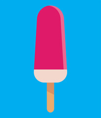 Pink ice lolly on blue background, flat vector illustration. Yummy ice cream fruit popsicle, summer time concept. Strawberry Icecream icon,dessert illustration, vector sweet summer sign symbol.