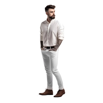 Full length portrait of a handsome young man in white shirt and leather pants isolated on white background