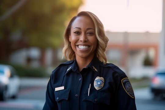 Portrait of happy female police officer smiling at camera while standing outdoors