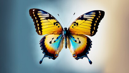 Obraz premium Very lovely butterfly in flight, blue, yellow, and orange, isolated on a transparent background