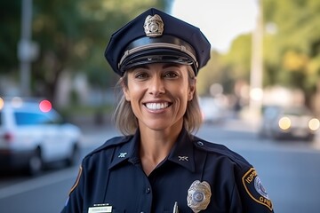 Portrait of a beautiful police woman smiling at the camera on the street