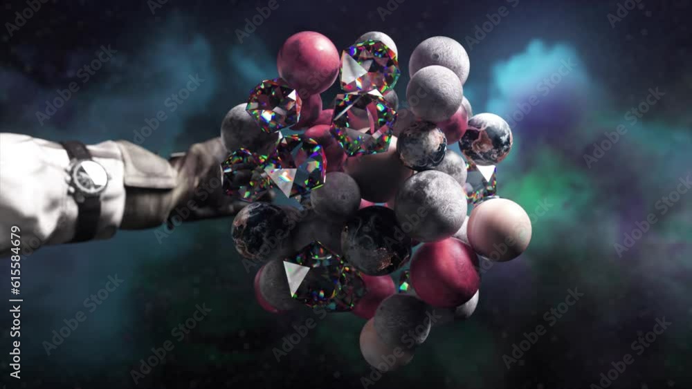 Poster cluster of planets and diamonds are attracted to each other on abstract background. the astronaut's 