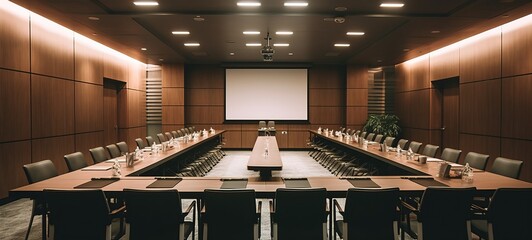 A professional and well-equipped conference seminar room featuring a microphone as its focal point. 