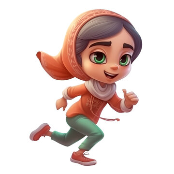 3D rendering of a cute little muslim girl running isolated on white background