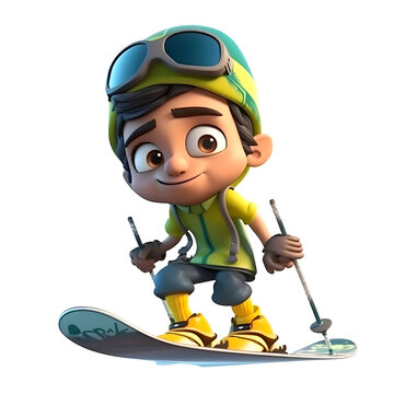 3D Render of Little boy skier with helmet and skis