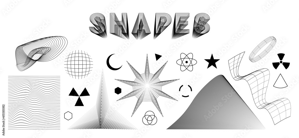 Aufkleber Set of abstract aesthetic y2k geometric elements and 3D wireframe shapes. Black and white retro line design elements. Vector illustration for social networks or posters. EPS 10