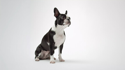 Boston Terrier Dog sitting on its own with a white plain background