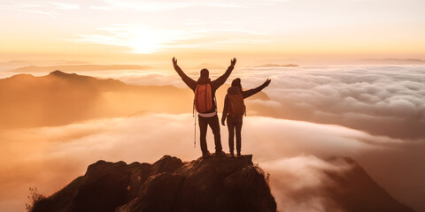 A couple traveler stands atop a mountain summit, taking in the vast view with joy.