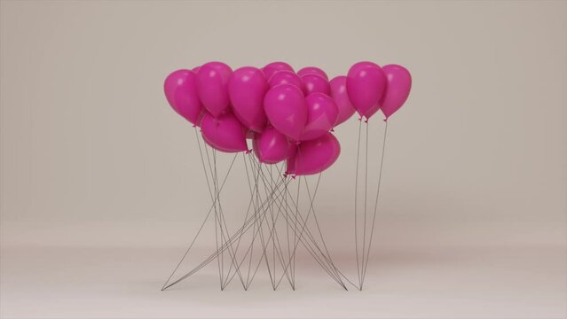  Holiday concept. Pink inflatable balloons move randomly in groups. Celebration. Party. 3d animation.