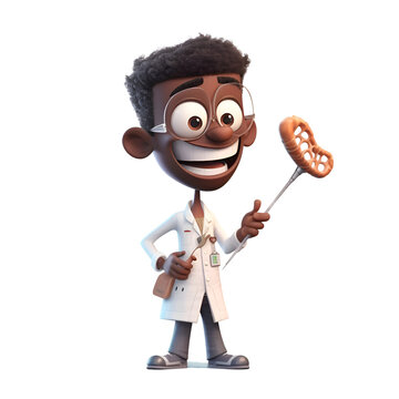 Cartoon african american doctor with stethoscope and sausage