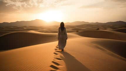 silhouette of beautiful arabic woman walking on the sand dunes in desert in the unset - Powered by Adobe