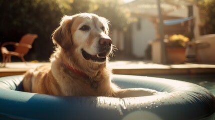 Close up shot golden retriever breed trained family dog sitting on the swim ring at the sunny yard during summer