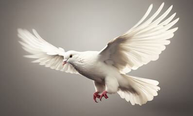 White beautiful dove of peace with open wings flying on the studio background