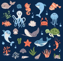 Door stickers Sea life Set of underwater animals - octopus whale turtle dolphin jellyfish crab shrimp seahorse stingray shark sea-plants and corals. Cute background with cartoon characters. Vector illustration