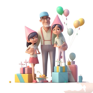 Happy family celebrating birthday with cake and balloons. 3D illustration.