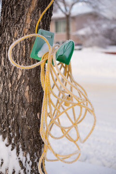 Hoar frost on extension cord. Winter in Canada concept.