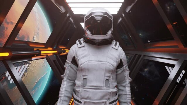 An astronaut walks through a futuristic spacecraft tunnel with the planet Mars in the background. Orange neon light