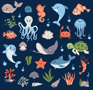 Set of underwater animals - octopus whale turtle dolphin jellyfish crab shrimp seahorse stingray shark sea-plants and corals. Cute background with cartoon characters. Vector illustration