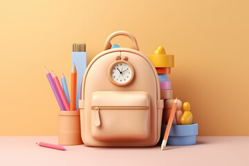 School backpack with stationery, a creative school time concept. Cute 3D icon in a cartoon plastic style in pastel colors. Generative AI 3d render illustration imitation.