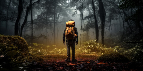 A male hiker stands in a dark forest, looking around.