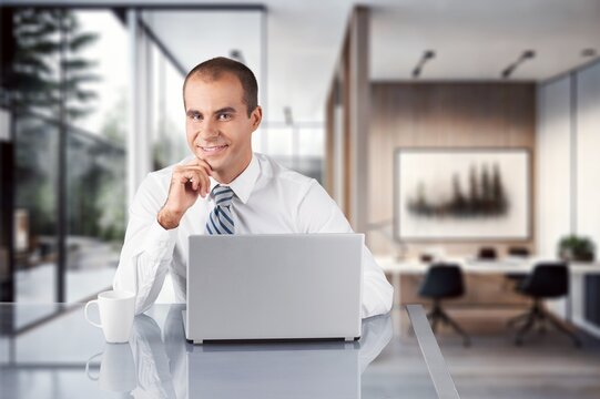 Cheerful male professional work on laptop, AI generated image