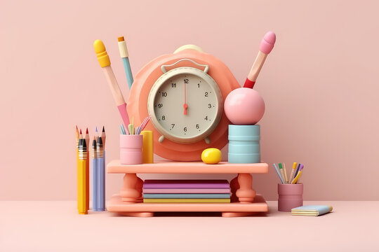 Alarm clock and school stationery, a creative school time concept. Cute 3D icon in a cartoon plastic style in pastel colors. Generative AI 3d render illustration imitation.