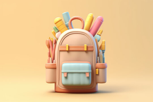 School backpack with stationery on flat yellow background, a creative school time concept. Cute 3D icon in a cartoon plastic style in pastel colors. Generative AI 3d render illustration imitation.