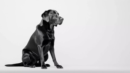 Black labrador Dog sitting on its own with a white plain background