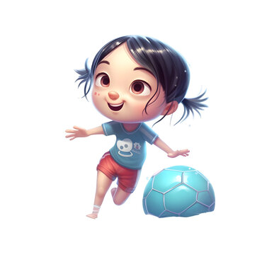 Little girl playing soccer with a ball on the water. Vector illustration.