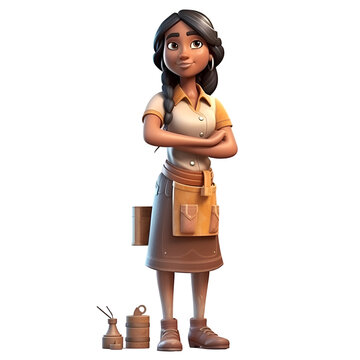 Cartoon character of asian woman farmer with brown apron standing