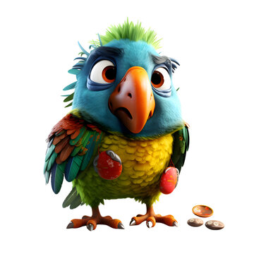 Cartoon parrot on white background. 3d rendering. Computer digital drawing.